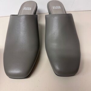 Eileen Fisher Gray Leather Square-Toe Slip-On Mules